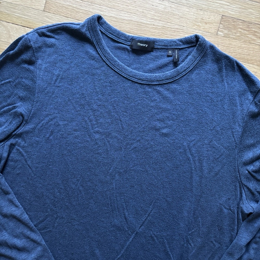 Theory Men XL Wool Blend Crewneck Sweater Navy Blue Everyday Classic Minimalist